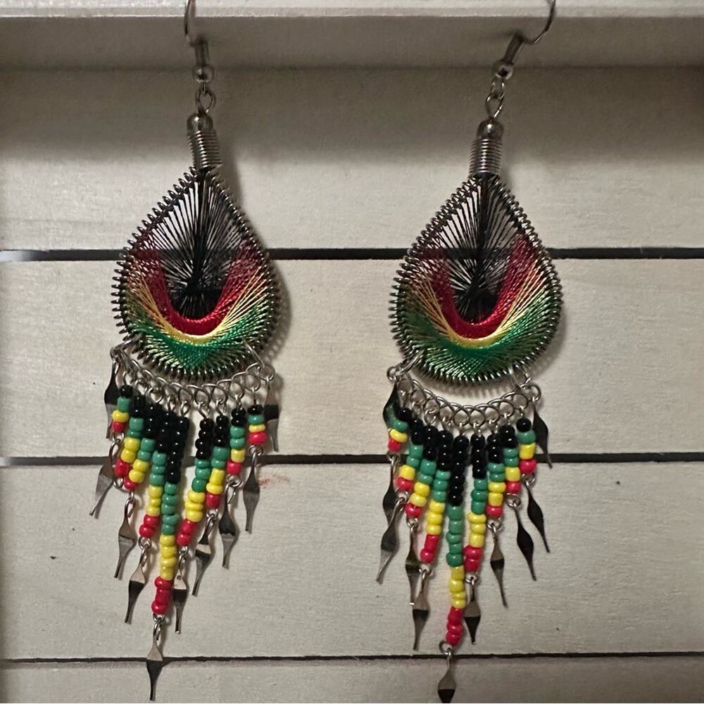 Teardrop Beaded Fringe Dangle Pierced Earrings Africa Red Black Yellow Green